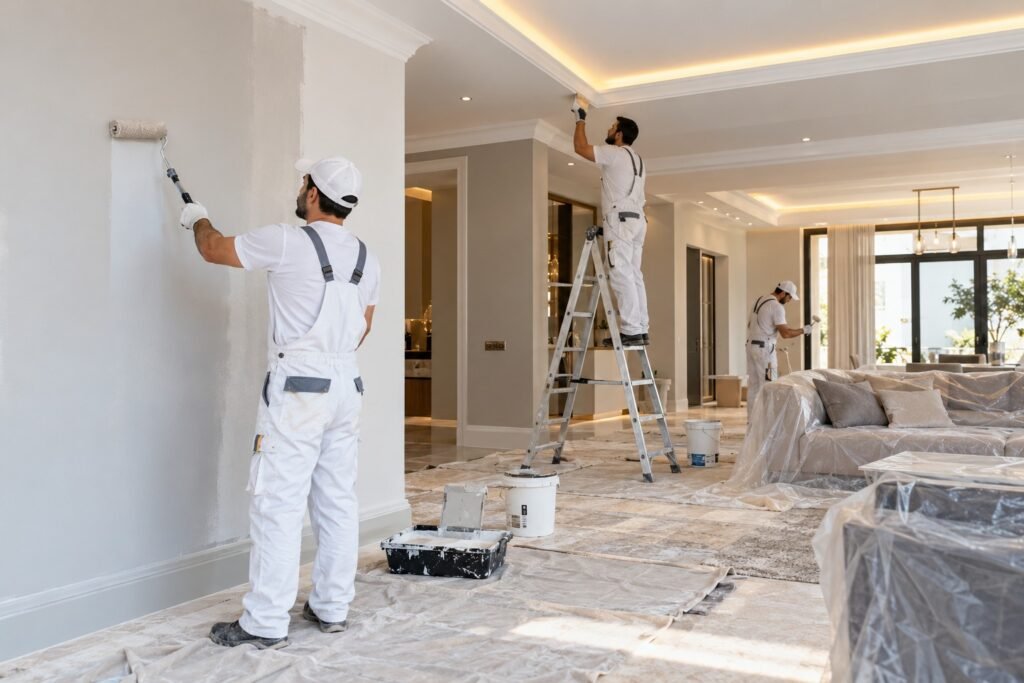صاحب منزل يناقش مراحل الترميم مع مقاول داخل منزل مجدد