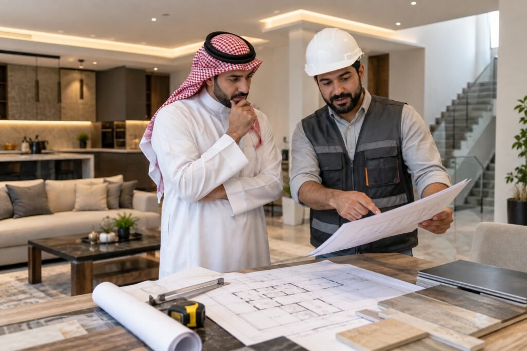 فنيون يركبون الإضاءة والأبواب واللمسات النهائية داخل منزل