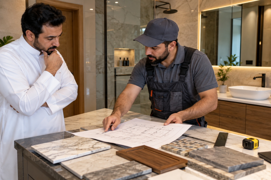 صاحب منزل يناقش خطة التجديد مع مقاول متخصص