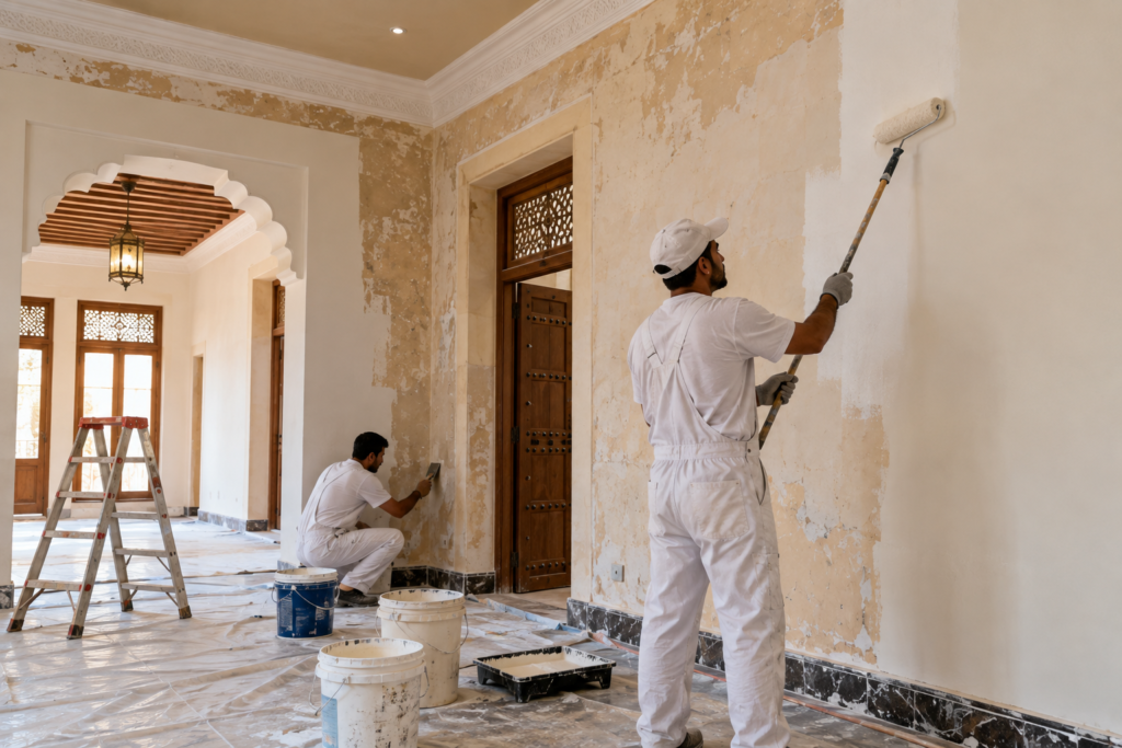 عمال يجهزون ويطْلون جدران منزل قديم بعد الترميم