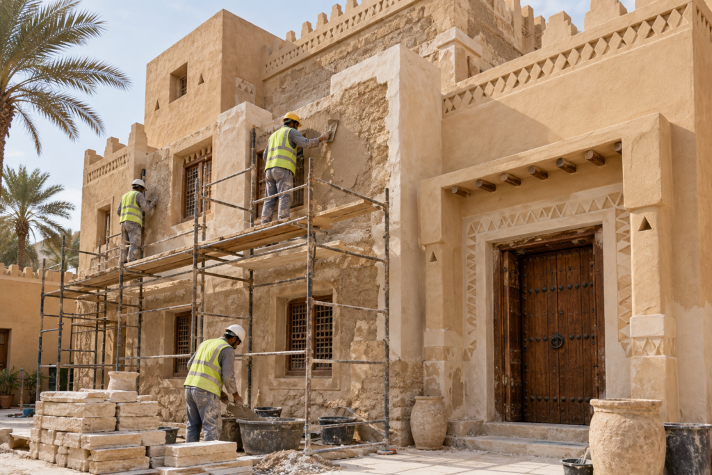 عمال على سقالات يرممون واجهة منزل قديم بطابع تقليدي