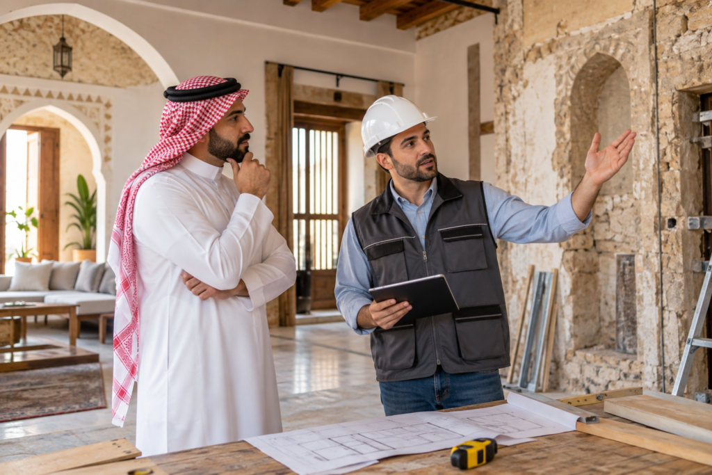 عميل يناقش أسئلة ترميم منزل قديم مع مقاول داخل موقع العمل
