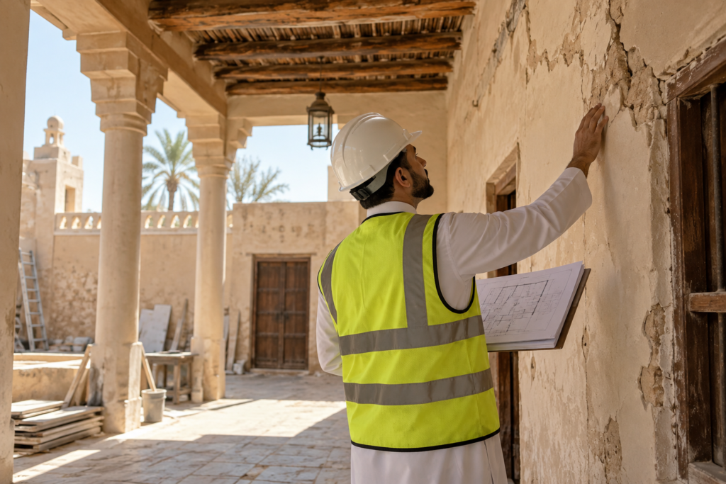 مهندس يعاين جدران منزل قديم قبل بدء الترميم