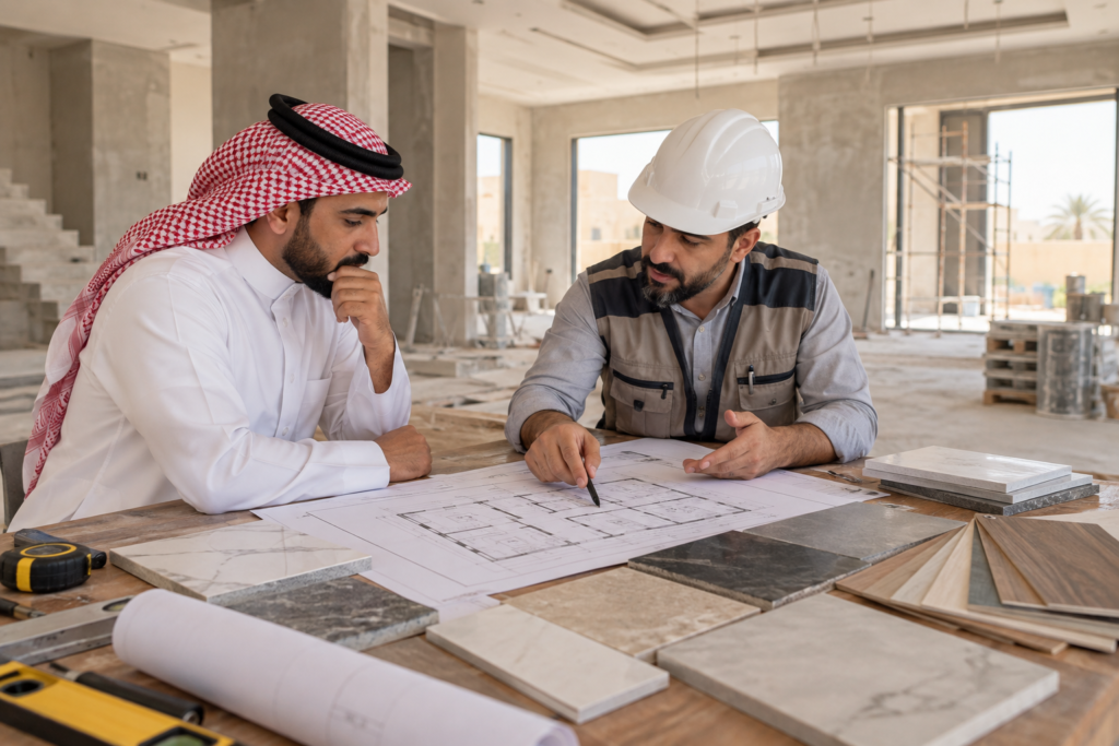 مقاول وعميل يراجعان مخطط المنزل وعينات التشطيب