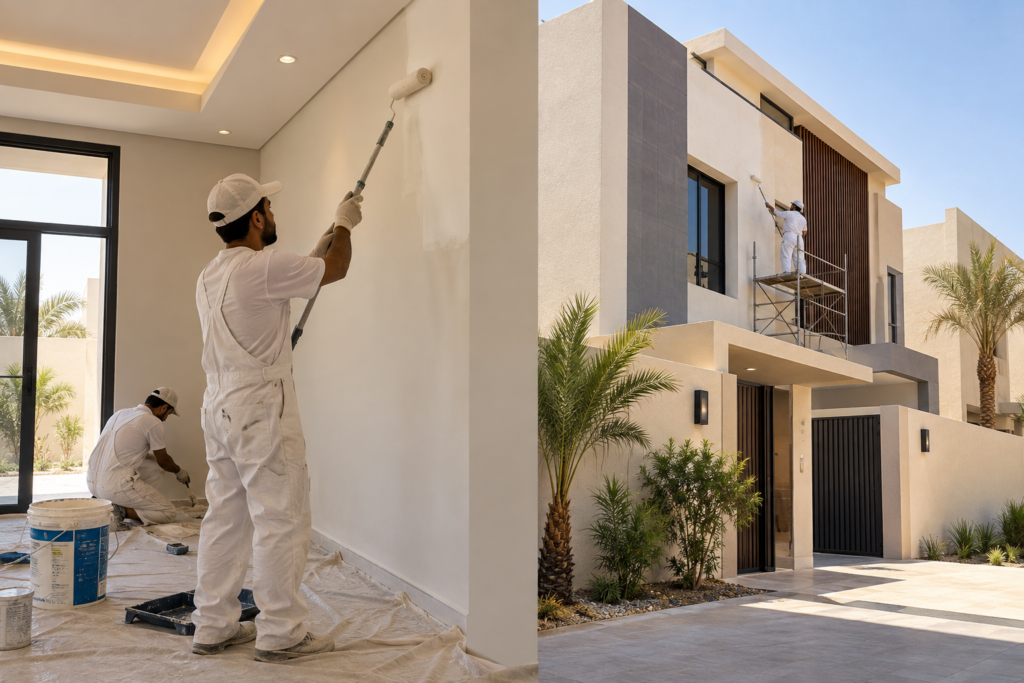عمال ينفذون دهانات داخلية وخارجية لمنزل حديث