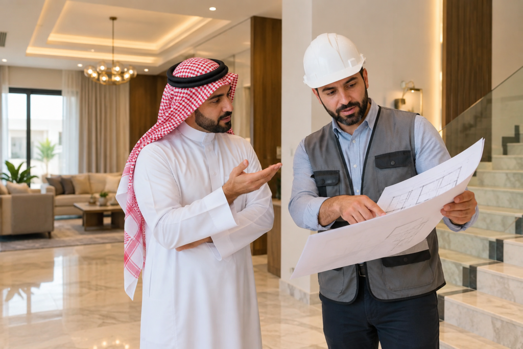 صاحب منزل يناقش مراحل التشطيب والمخططات مع مقاول