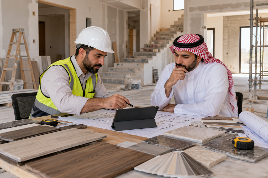 مقاول وصاحب منزل يراجعان المخططات والمواد وميزانية التشطيب