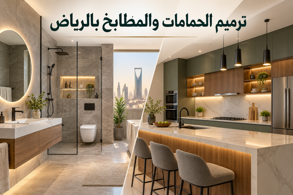 حمام حديث بأرضيات رخامية ومطبخ بخزائن خشبية بعد أعمال التجديد نسخ