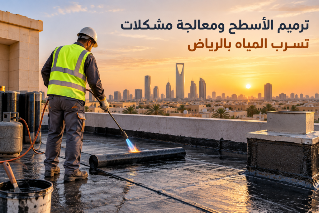 عامل يطبق طبقة عزل مائي سوداء على سطح مبنى بالرياض باستخدام بكرة نسخ