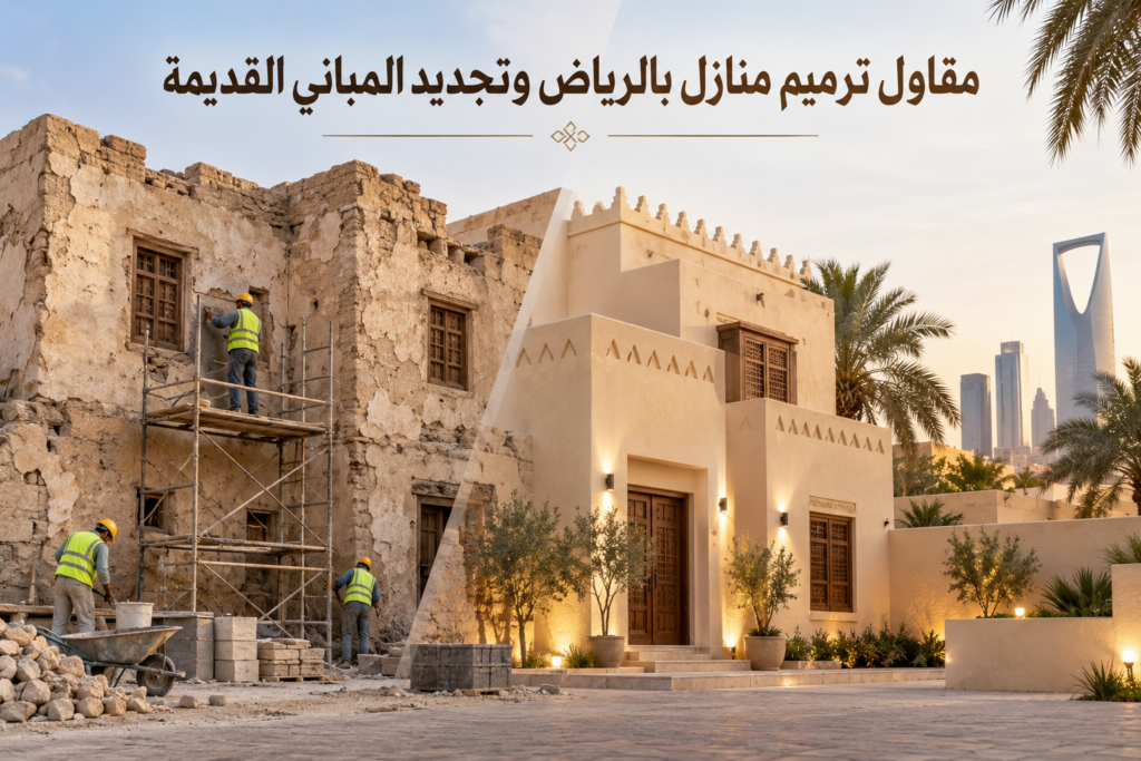 منزل قديم بالرياض يظهر نصفه أثناء الترميم ونصفه الآخر بعد تجديد الواجهة نسخ