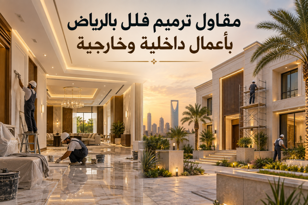 مشهد يجمع ترميم صالة داخلية وتجديد الواجهة الخارجية لفيلا بالرياض نسخ