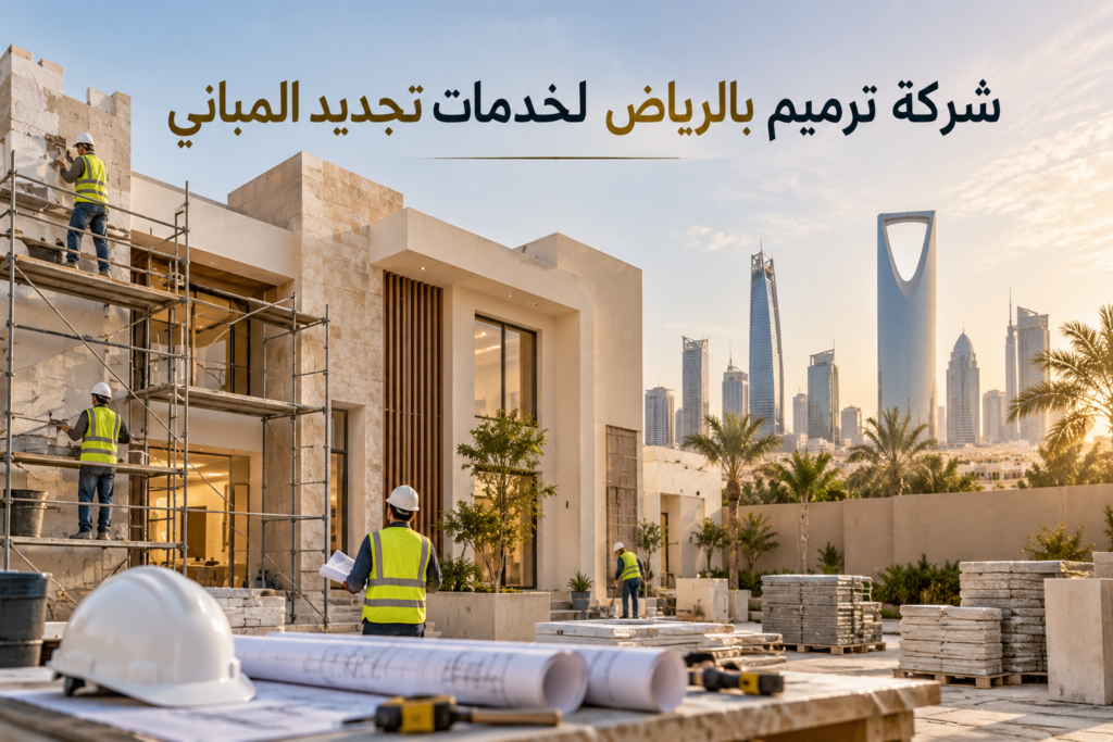 عمال ترميم يجددون واجهة مبنى سكني بالرياض باستخدام السقالات ومعدات البناء نسخ