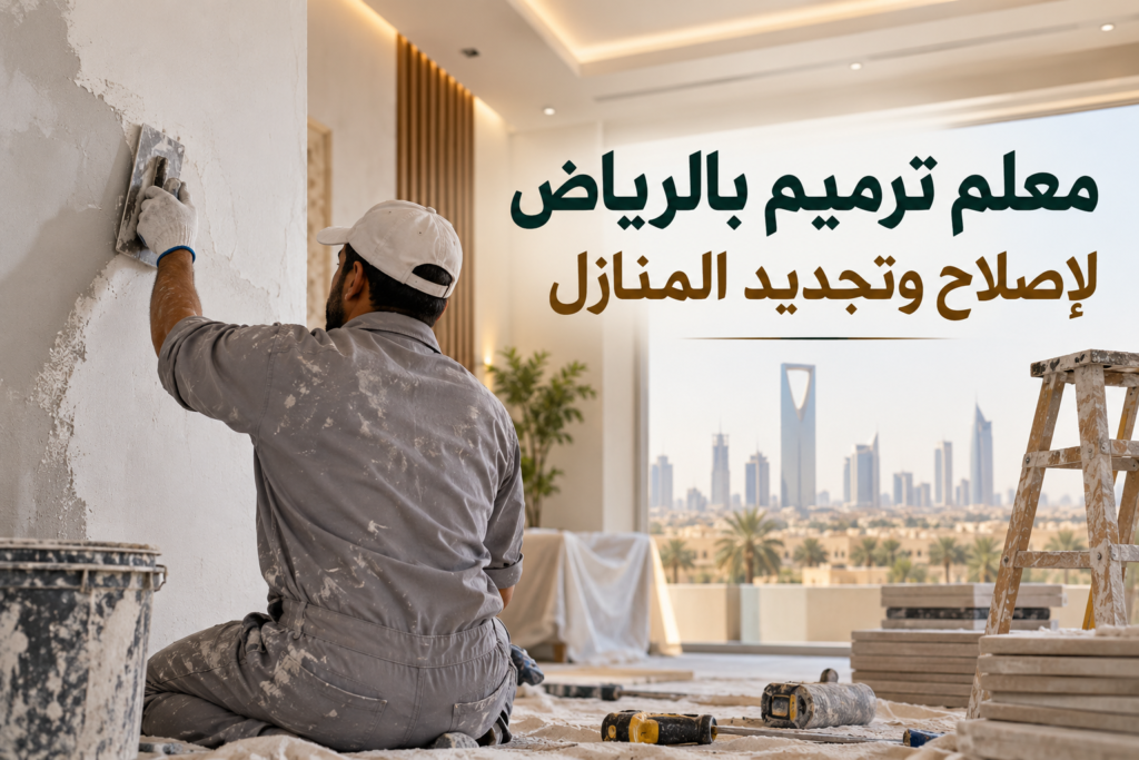 فني ترميم يعالج جدارًا داخليًا بالمعجون أثناء تجديد منزل بالرياض نسخ