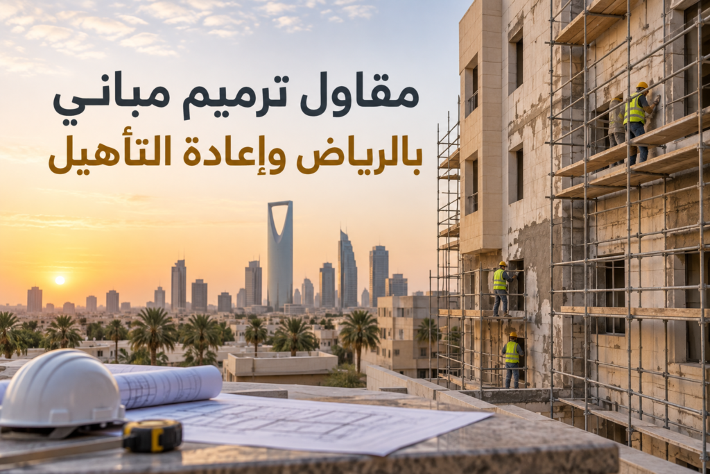 مبنى متعدد الطوابق بالرياض يخضع لأعمال ترميم واجهته باستخدام السقالات نسخ