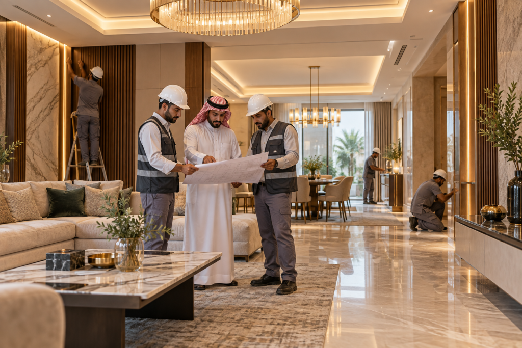 مقاول وفريق تشطيبات يراجعون مخطط تنفيذ داخل فيلا حديثة بالرياض