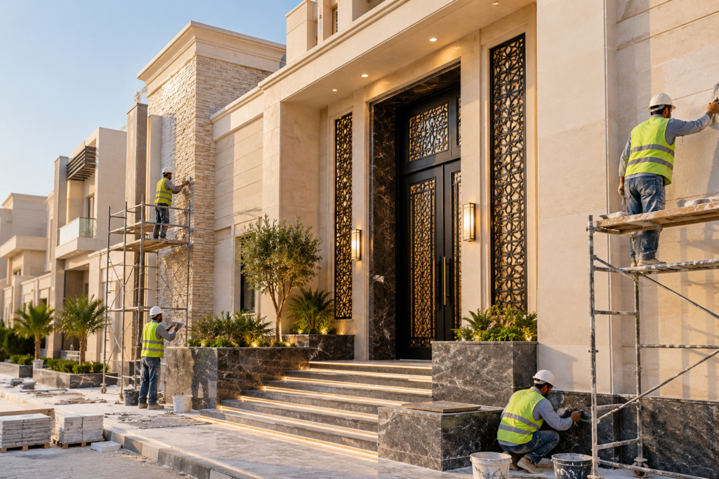 عمال ينفذون تشطيب واجهة فيلا حديثة بالحجر والكسوات