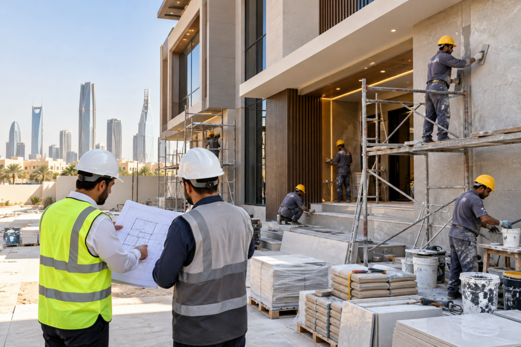 مهندسون وفنيون يتابعون أعمال تشطيب مبنى حديث بالرياض