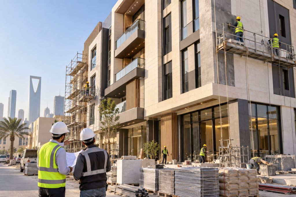 فريق تشطيبات يعمل على واجهة مبنى حديث مع إشراف هندسي