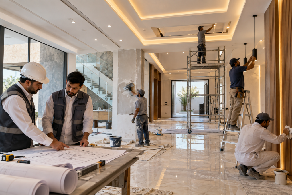مهندسون وفنيون يتابعون مراحل التشطيب المختلفة داخل فيلا