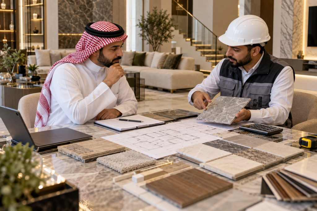 مقاول وعميل يقارنان عينات مواد التشطيب ومخطط المنزل