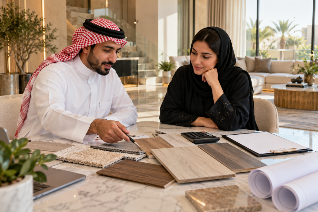 عميل ومختص يقارنان عينات أرضيات وتكاليف التنفيذ