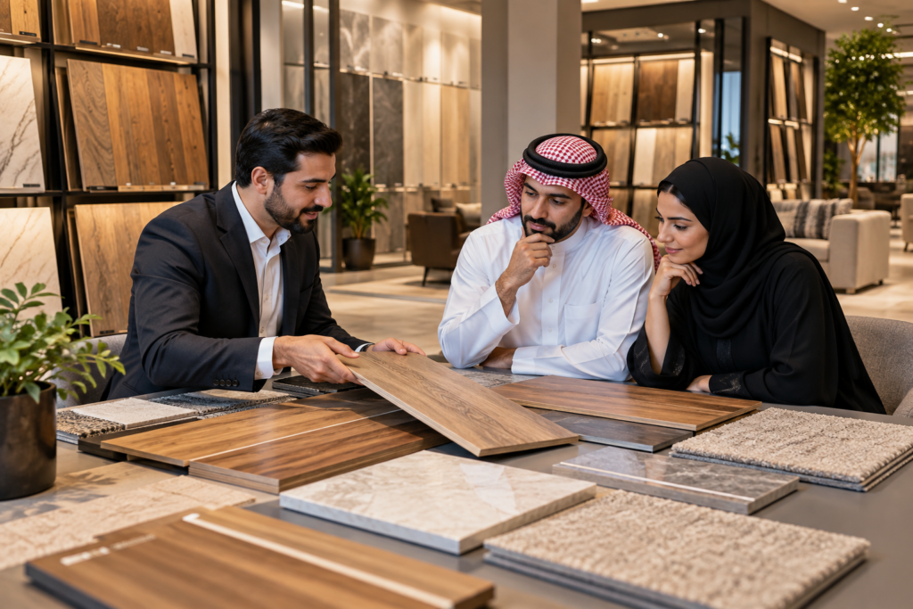 عميلان يستشيران متخصصًا حول أنواع الأرضيات المناسبة للمنزل