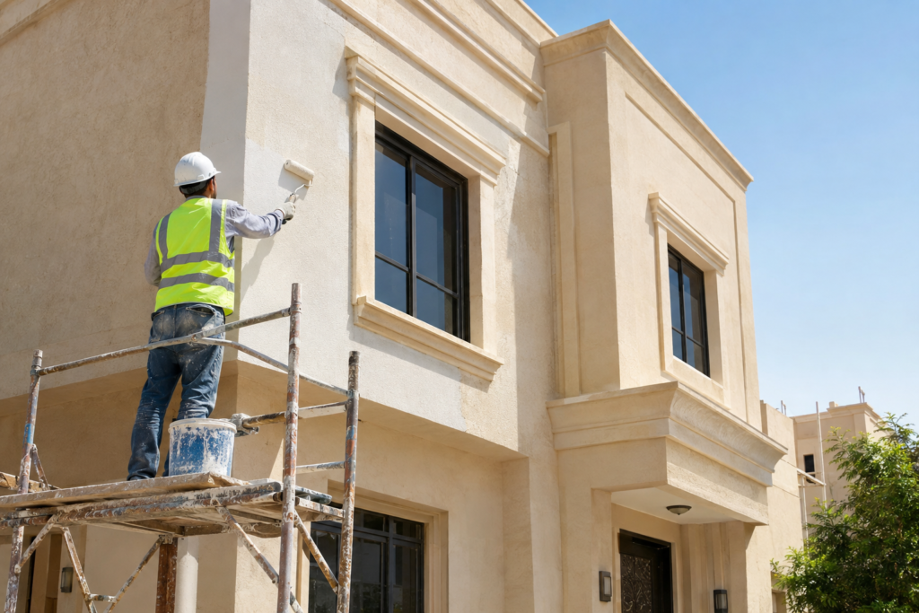 عامل يرمم واجهة منزل بدهان الجدران الخارجية باستخدام سقالة نسخ النص البديل