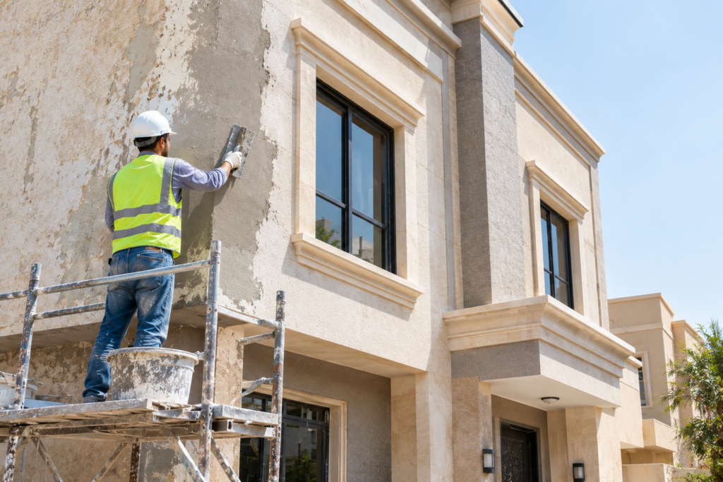إصلاح الأجزاء المتضررة من الجدار الخارجي لمنزل قبل تجديد الواجهة