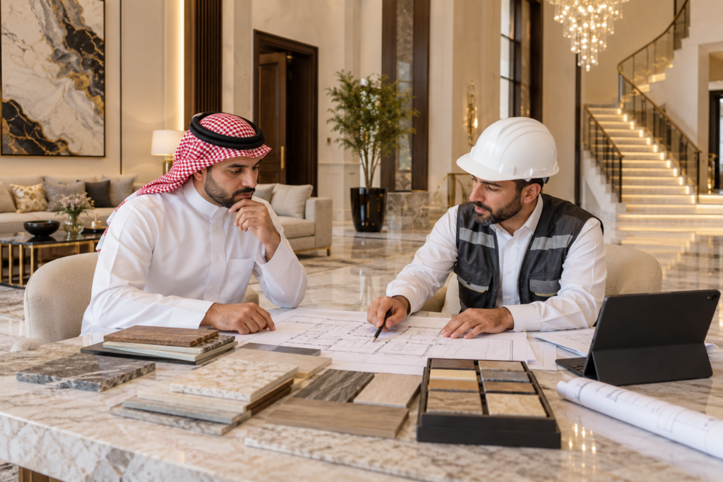 صاحب فيلا يناقش المخططات والتشطيبات مع مقاول متخصص