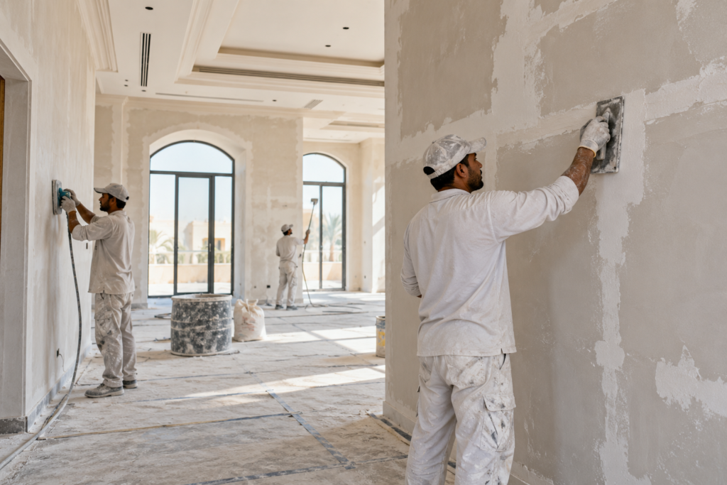 عمال يجهزون ويسوون جدران فيلا قبل الطلاء